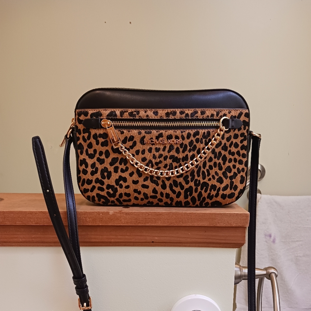 Michael Kors Black and Brown Leopard Crossbody Bag